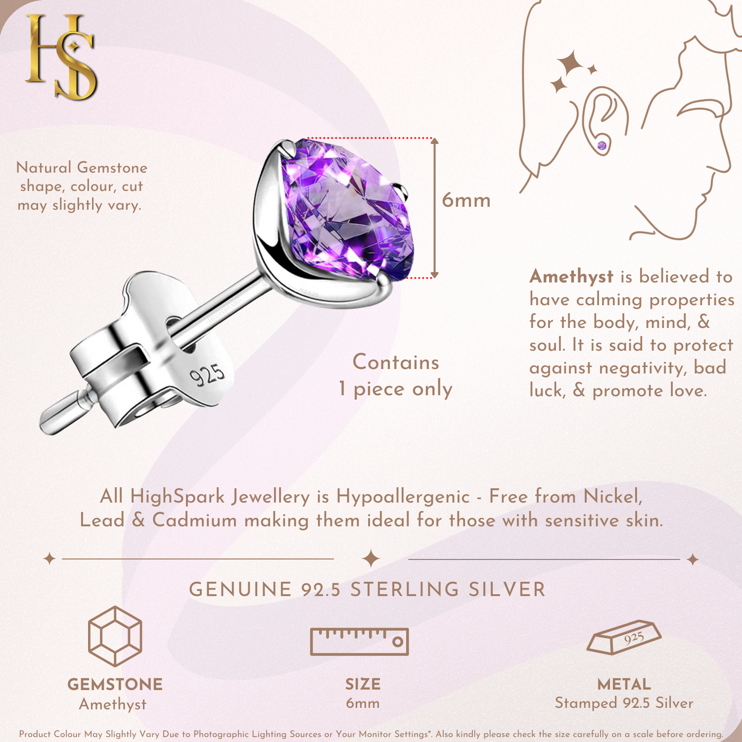 Amethyst Gemstone Stud Earrings in 925 Sterling Silver for Men HighSpark