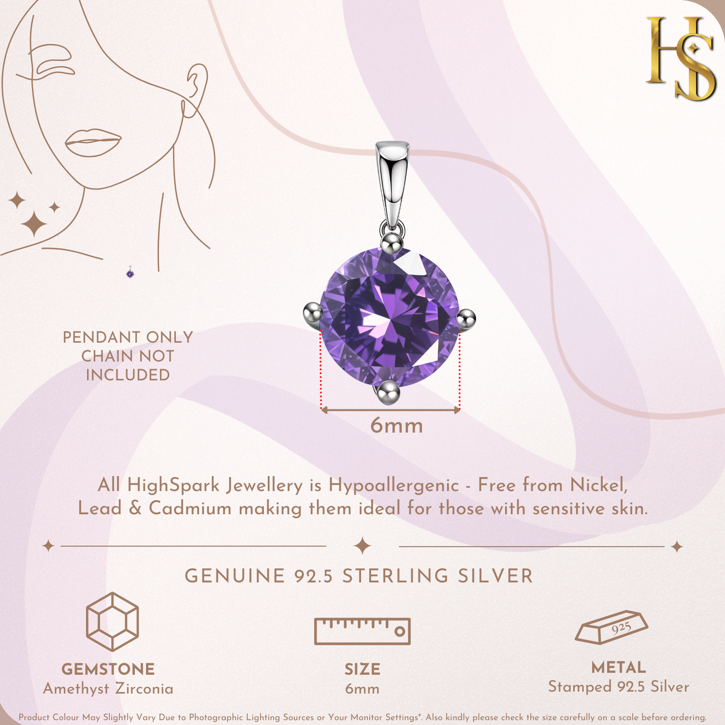 Amethyst Zirconia Birthstone Pendant With Chain in 925 Sterling Silver For Women HighSpark