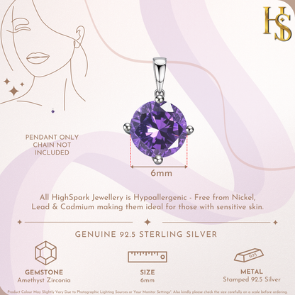 Amethyst Zirconia Birthstone Pendant With Chain in 925 Sterling Silver For Women HighSpark