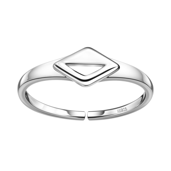 An adjustable sterling silver ring with a geometric rhombus motif featuring a triangular cutout, shown on a plain white background.