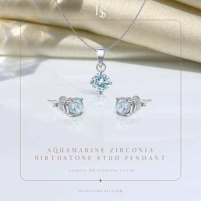 Aquamarine Zirconia Birthstone Stud Pendant-Set With Earrings in 925 Sterling Silver For Women HighSpark