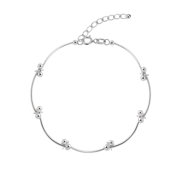 A sterling silver bracelet with a rigid wire band featuring six bean knot bead clusters, shown on a white background.
