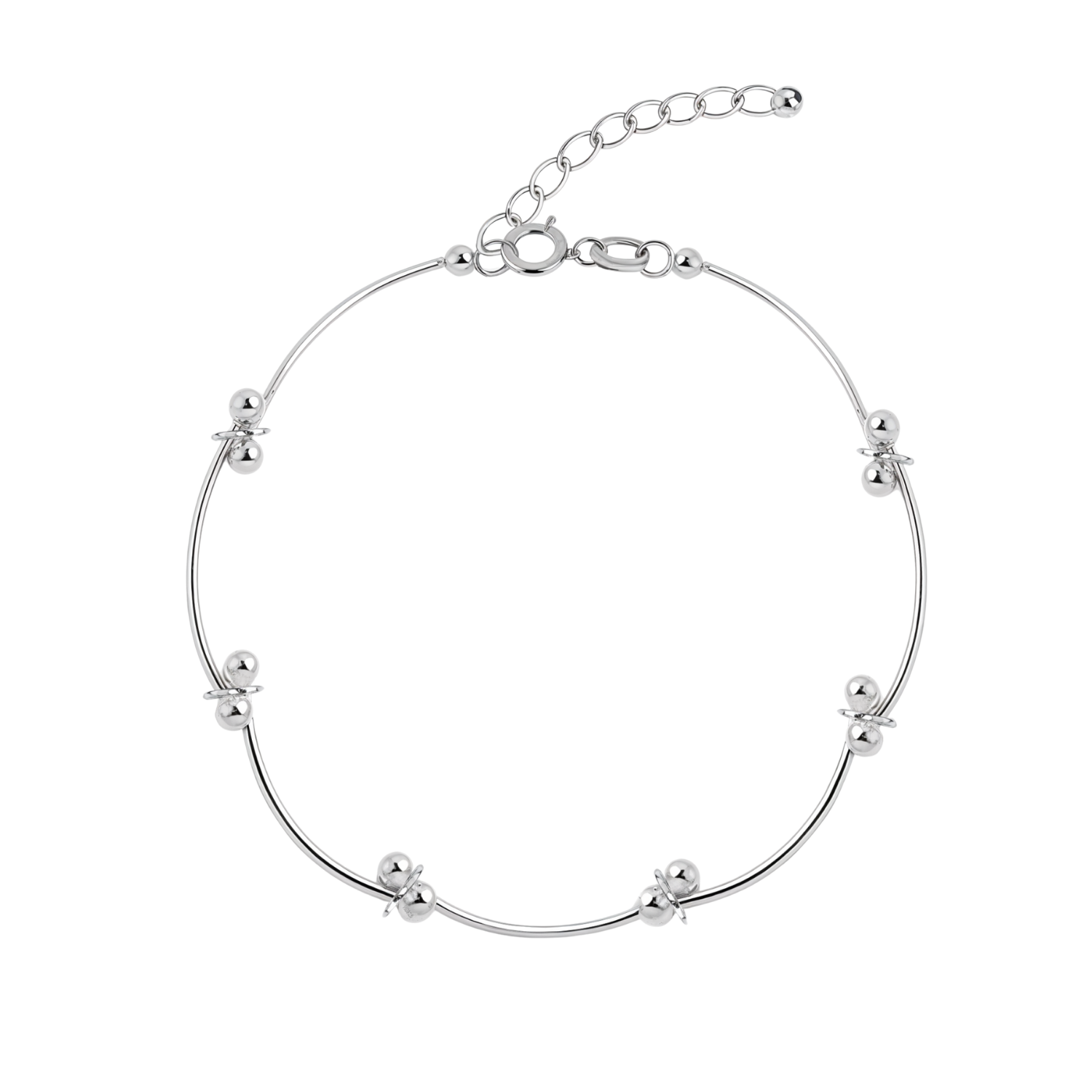 A sterling silver bracelet with a rigid wire band featuring six bean knot bead clusters, shown on a white background.