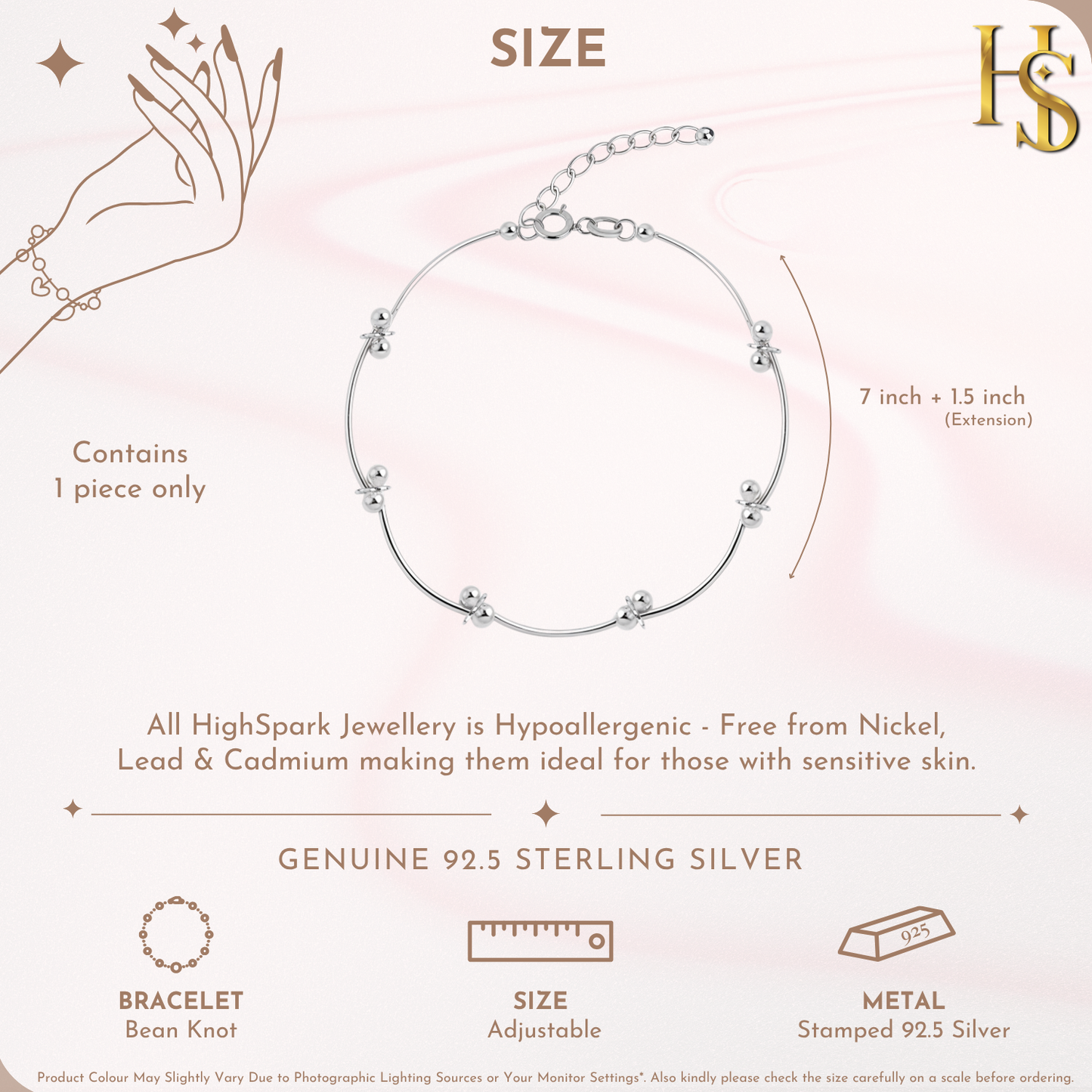 Infographic showing the features of a sterling silver bracelet with bean knot charms, detailing its 7-inch length and 1.5-inch extension.