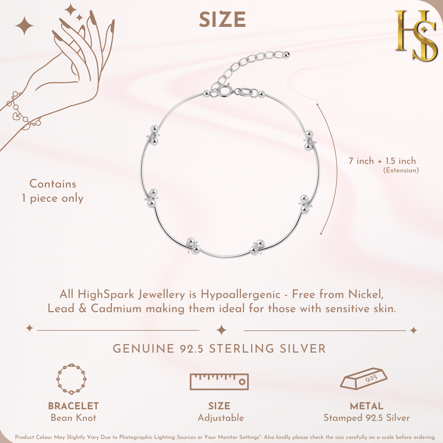 Infographic showing the features of a sterling silver bracelet with bean knot charms, detailing its 7-inch length and 1.5-inch extension.