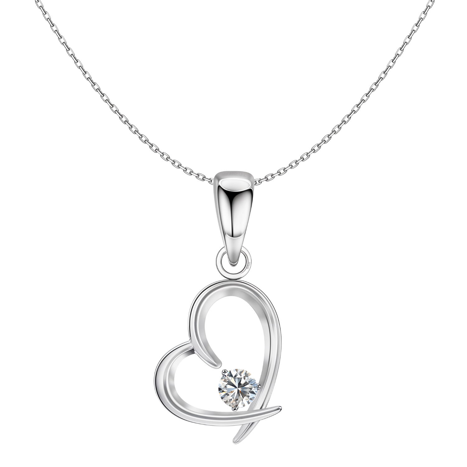 A sterling silver pendant necklace with an open heart design holding a single round American diamond, shown on a plain white background.