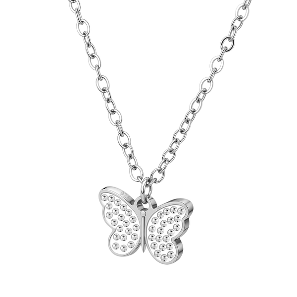 A sterling silver pendant necklace with a butterfly motif featuring wings paved with tiny American diamonds, shown on a white background.