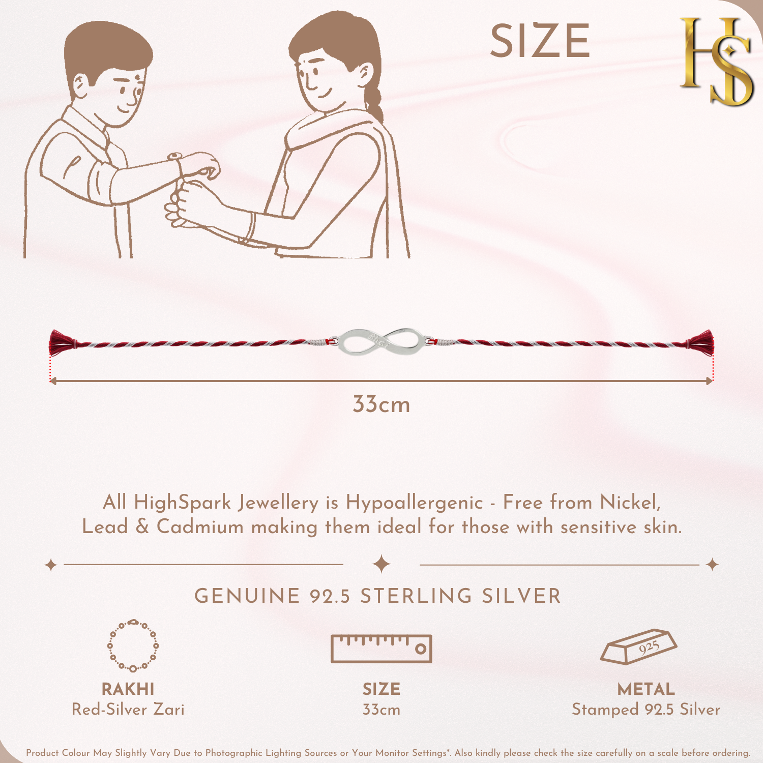 An infographic showing a 925 sterling silver rakhi for brother with an infinity knot centerpiece on a red and silver twisted thread.