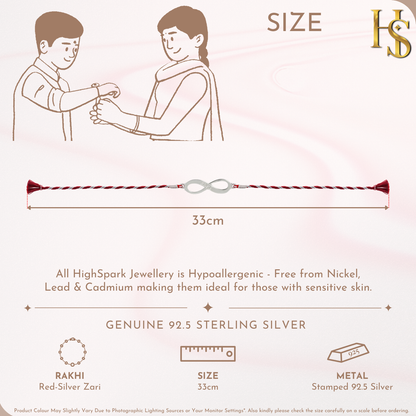 An infographic showing a 925 sterling silver rakhi for brother with an infinity knot centerpiece on a red and silver twisted thread.