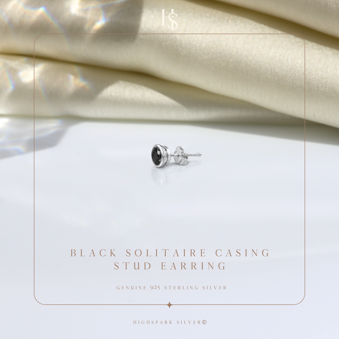 Black Solitaire Casing Stud Earrings in 925 Sterling Silver For Mens HighSpark
