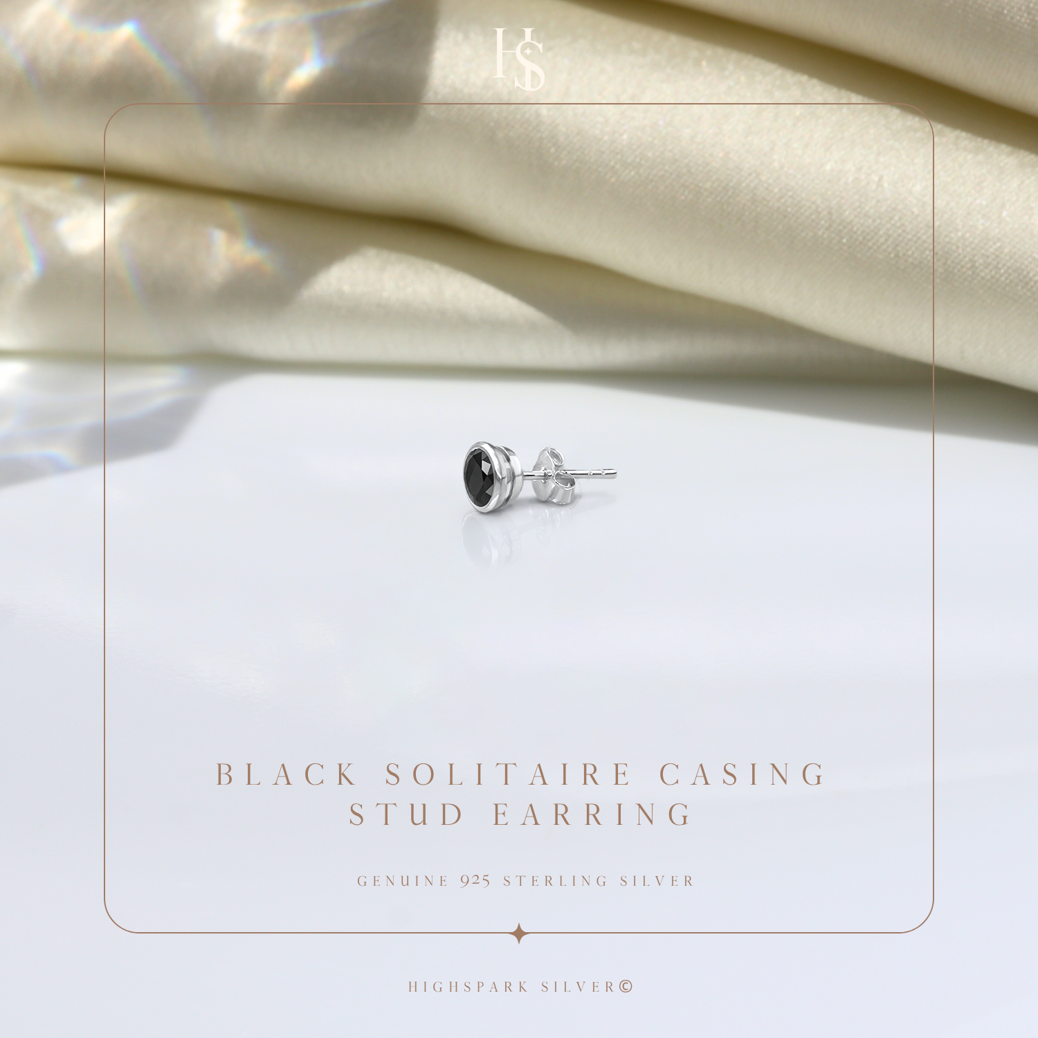 Black Solitaire Casing Stud Earrings in 925 Sterling Silver For Mens HighSpark