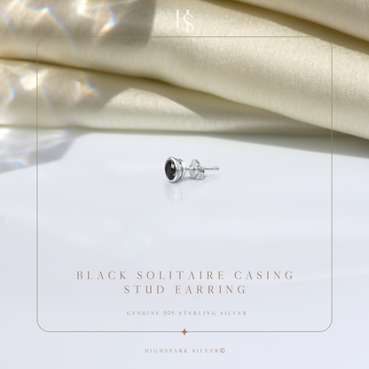 Black Solitaire Casing Stud Earrings in 925 Sterling Silver For Mens HighSpark