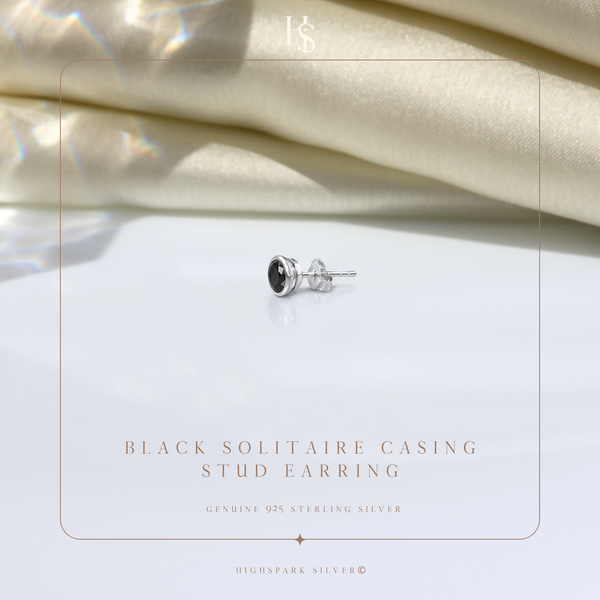 Black Solitaire Casing Stud Earrings in 925 Sterling Silver For Mens