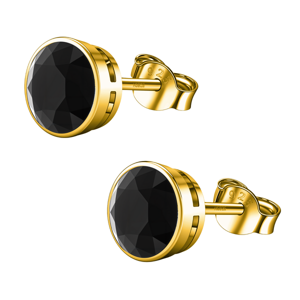 A pair of gold-plated stud earrings with round, faceted black stones in a bezel setting, shown on a plain white background.