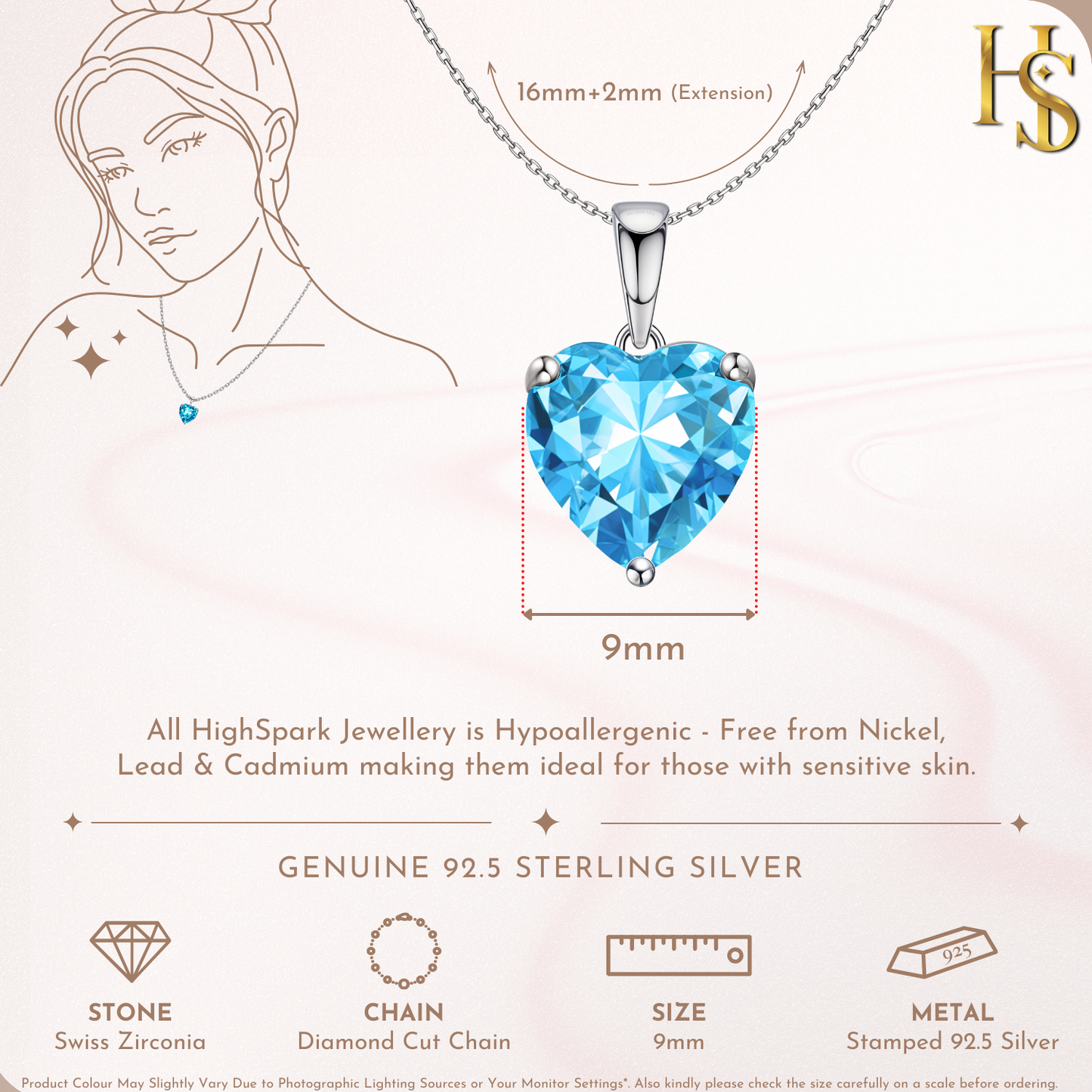 Blue Heart Solitaire Pendant in 92.5 Sterling Silver With Diamond like Brilliance Zirconia HighSpark