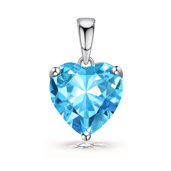 A solitaire pendant with a large, light blue heart-shaped stone in a three-prong sterling silver setting on a white background.