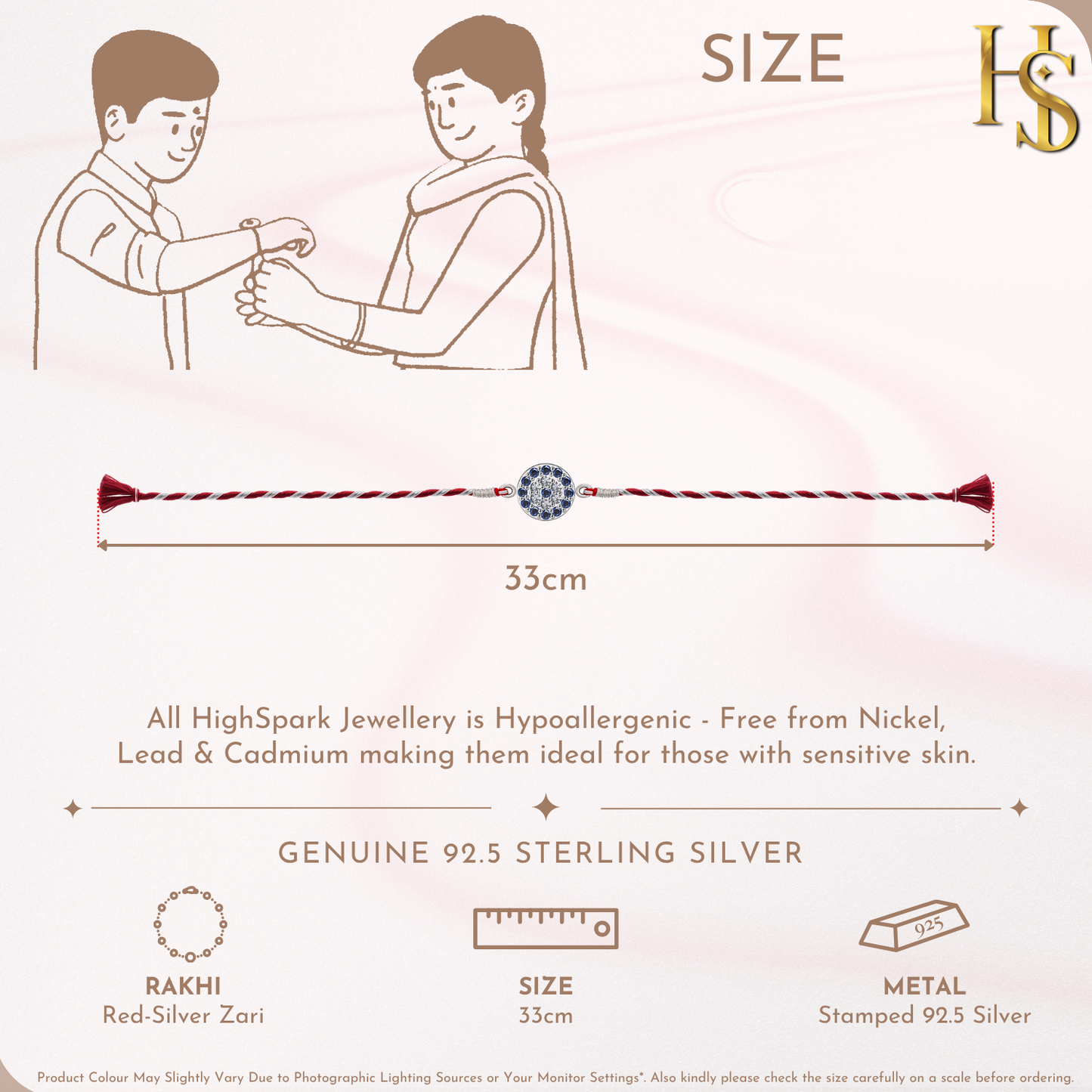 An infographic showing a 925 sterling silver rakhi with a blue and white stone evil eye centerpiece on a red and silver zari thread.