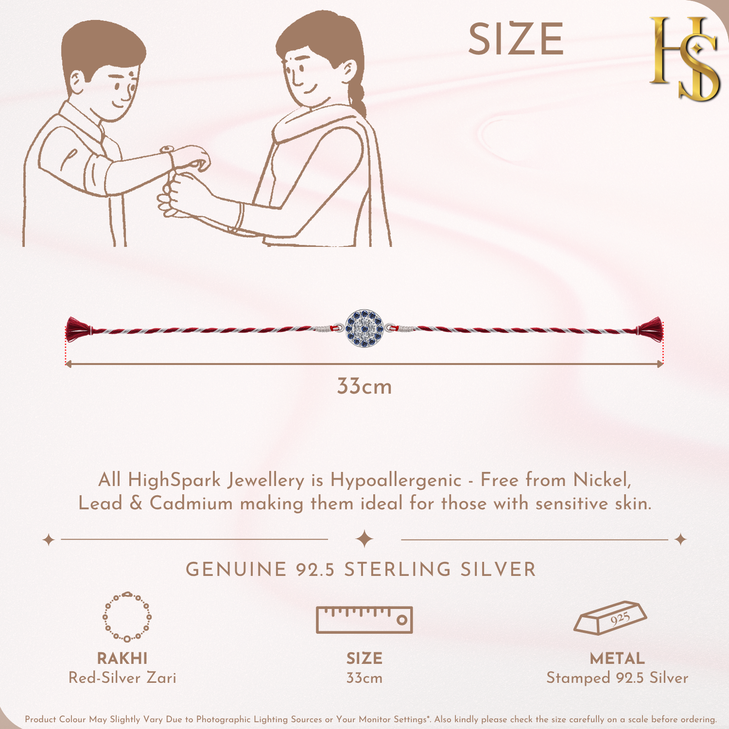 An infographic showing a 925 sterling silver rakhi with a blue and white stone evil eye centerpiece on a red and silver zari thread.