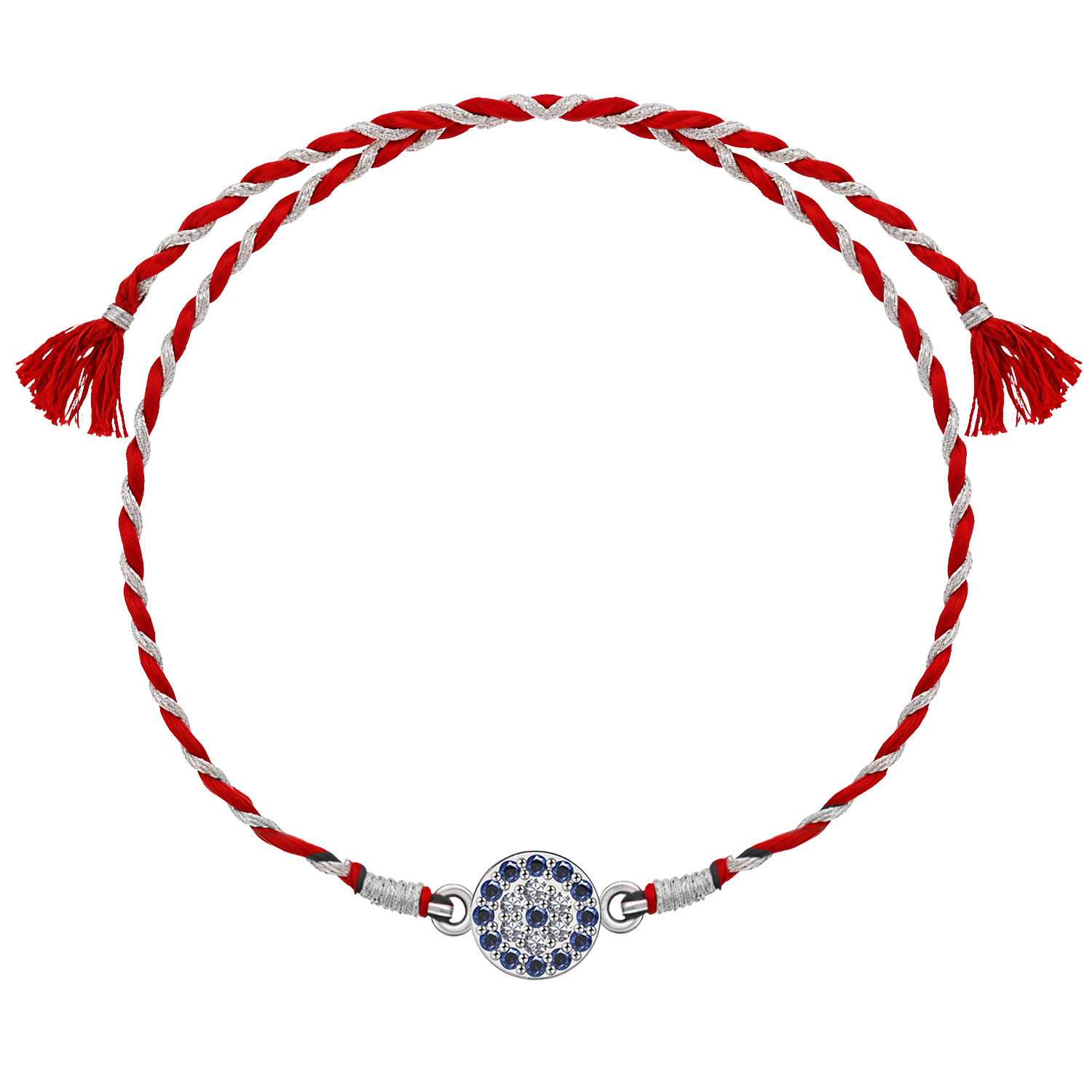 A 925 sterling silver rakhi for brother featuring a round evil eye motif with blue stones and American diamonds on a red and silver thread.