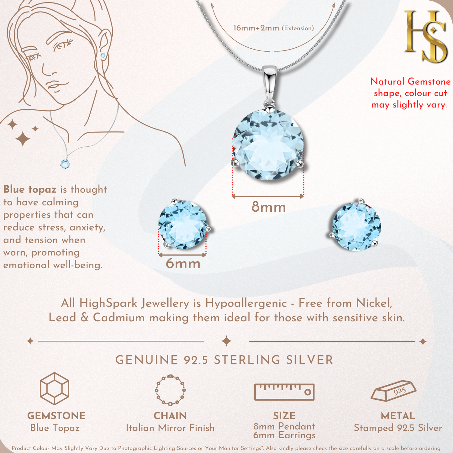 Blue Topaz Gemstone Pendant-Set With Earrings in 925 Sterling Silver For Women HighSpark