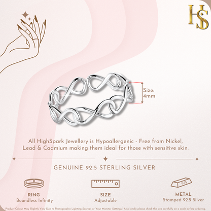 An infographic showing the features of an adjustable sterling silver ring with a continuous infinity symbol motif, noting its 4mm width.