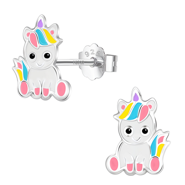 A pair of sterling silver stud earrings in the shape of a sitting baby unicorn with colourful enamel details on a white background.