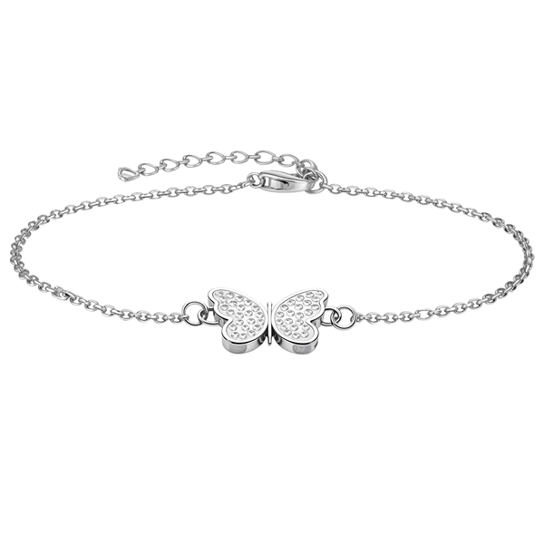 A sterling silver charm bracelet with a central butterfly motif pavé-set with American diamonds, on a plain white background.