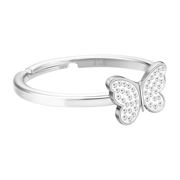 An adjustable sterling silver ring with a butterfly motif pavé-set with tiny American diamonds, shown on a white background.