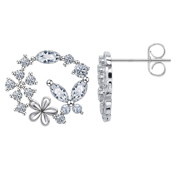 Sterling silver stud earrings in an open wreath shape with a butterfly, flower, and prong-set American diamonds.