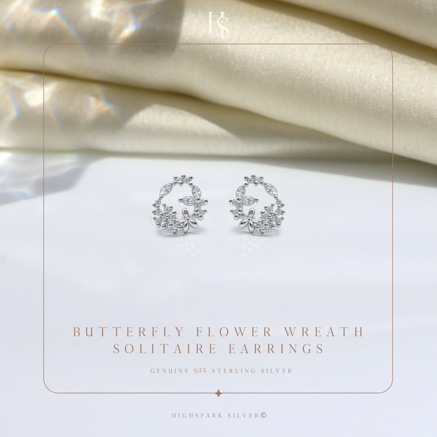 Butterfly Flower Wreath Solitaire Earrings in 92.5 Sterling Silver With Diamond like Brilliance Sparkling Zirconia HighSpark