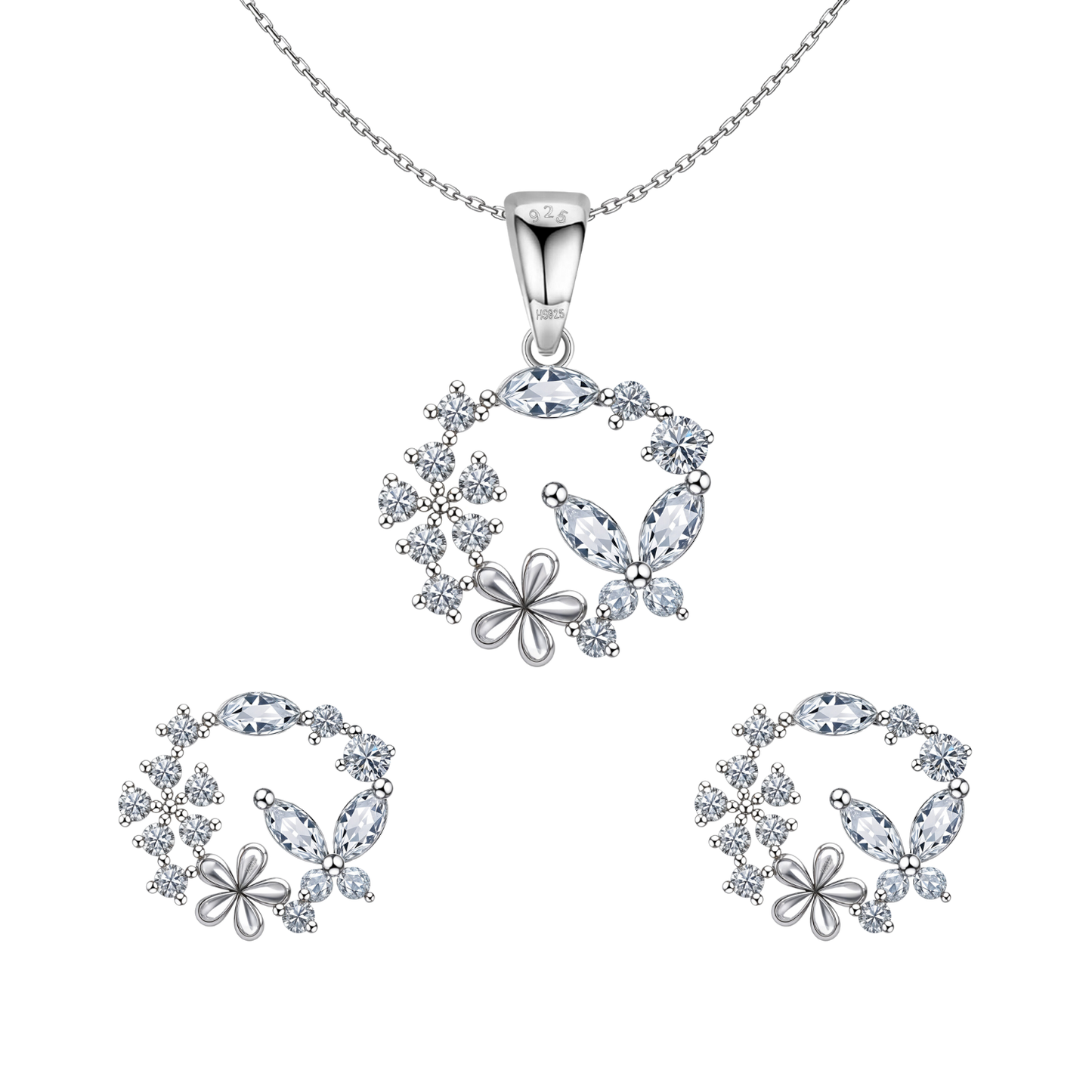 Butterfly Flower Wreath Solitaire Earrings, Pendant & Chain Set in 92.5 Sterling Silver With Diamond like Brilliance Sparkling Zirconia HighSpark
