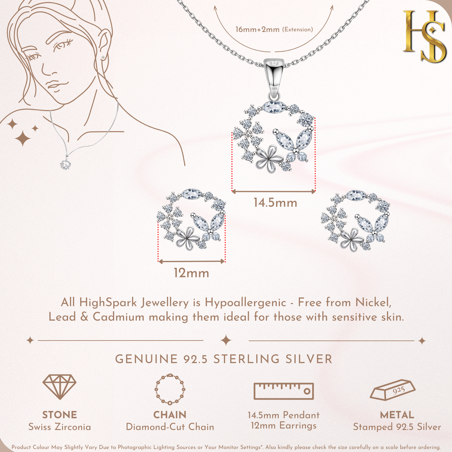 Butterfly Flower Wreath Solitaire Earrings, Pendant & Chain Set in 92.5 Sterling Silver With Diamond like Brilliance Sparkling Zirconia HighSpark