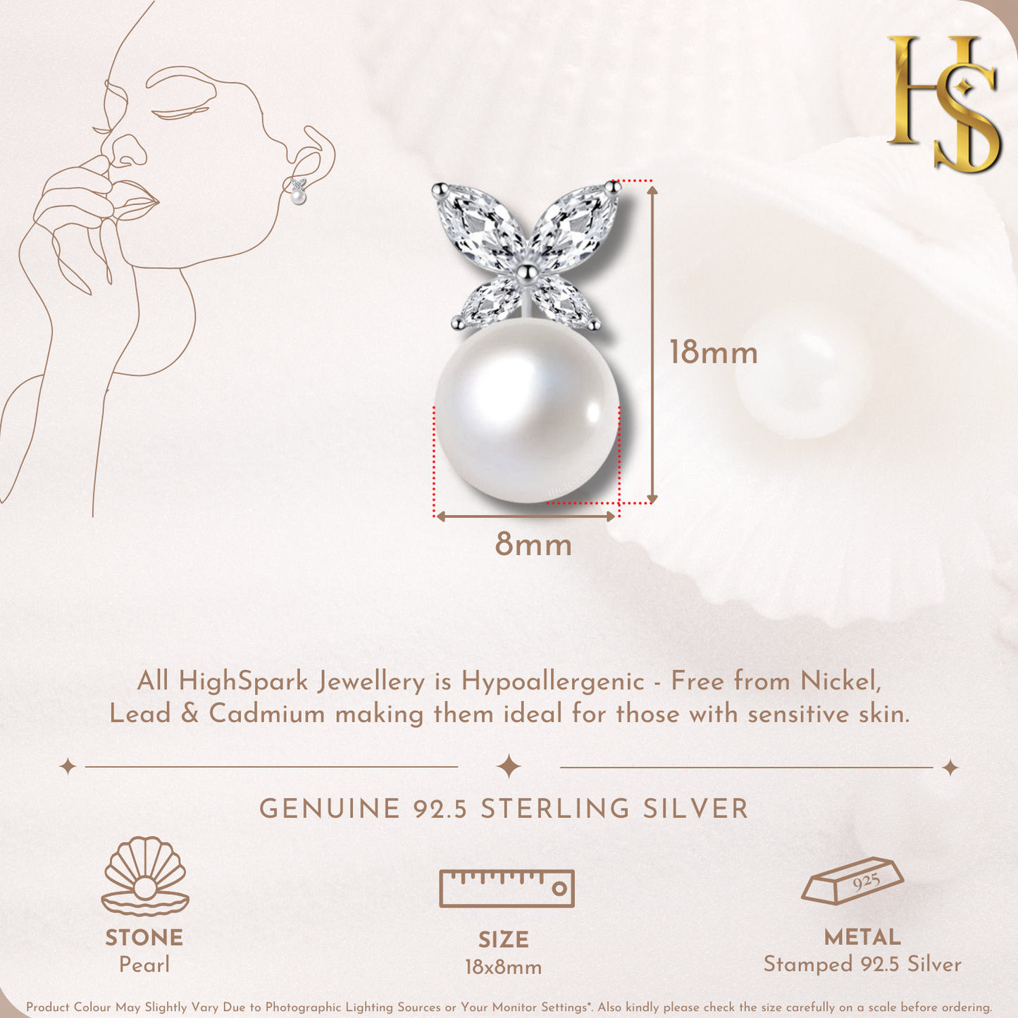 Infographic showing the dimensions of a sterling silver earring with a marquise-cut American diamond butterfly and a round pearl drop.