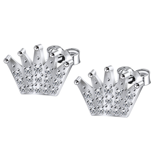 A pair of crown-shaped stud earrings paved with tiny American diamonds in sterling silver, shown on a white background.