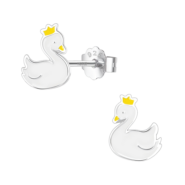 Sterling silver stud earrings in the shape of a swan with white enamel, a yellow enamel crown, and a push back on a white background.