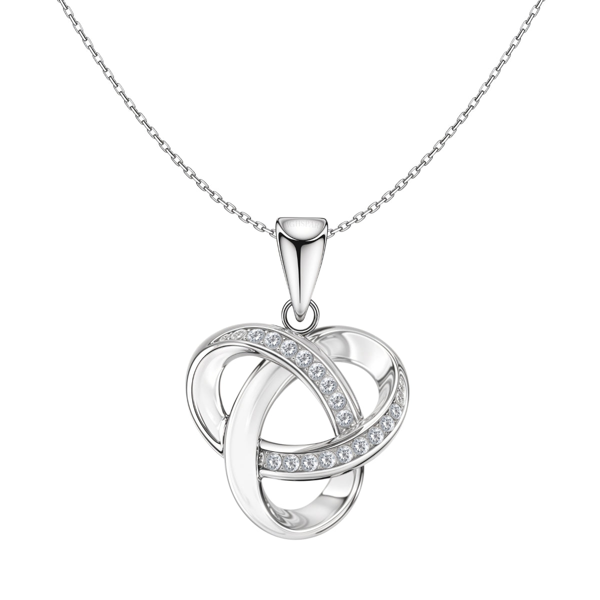 A sterling silver pendant necklace with an interwoven Celtic knot design, partially channel-set with American diamonds.