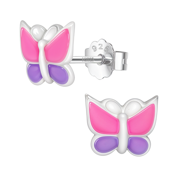A pair of butterfly stud earrings with pink and purple enamel, crafted in sterling silver with a push-back closure on a white background.