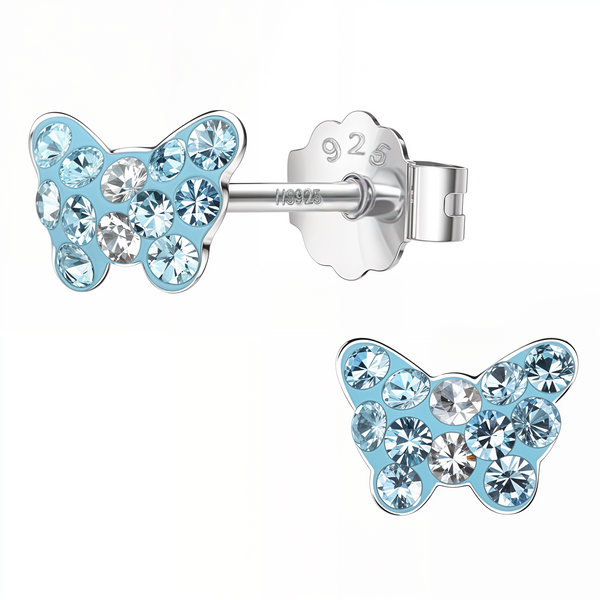 Butterfly stud earrings with light blue and clear American diamonds set in blue enamel on a sterling silver post with a push-back clasp.
