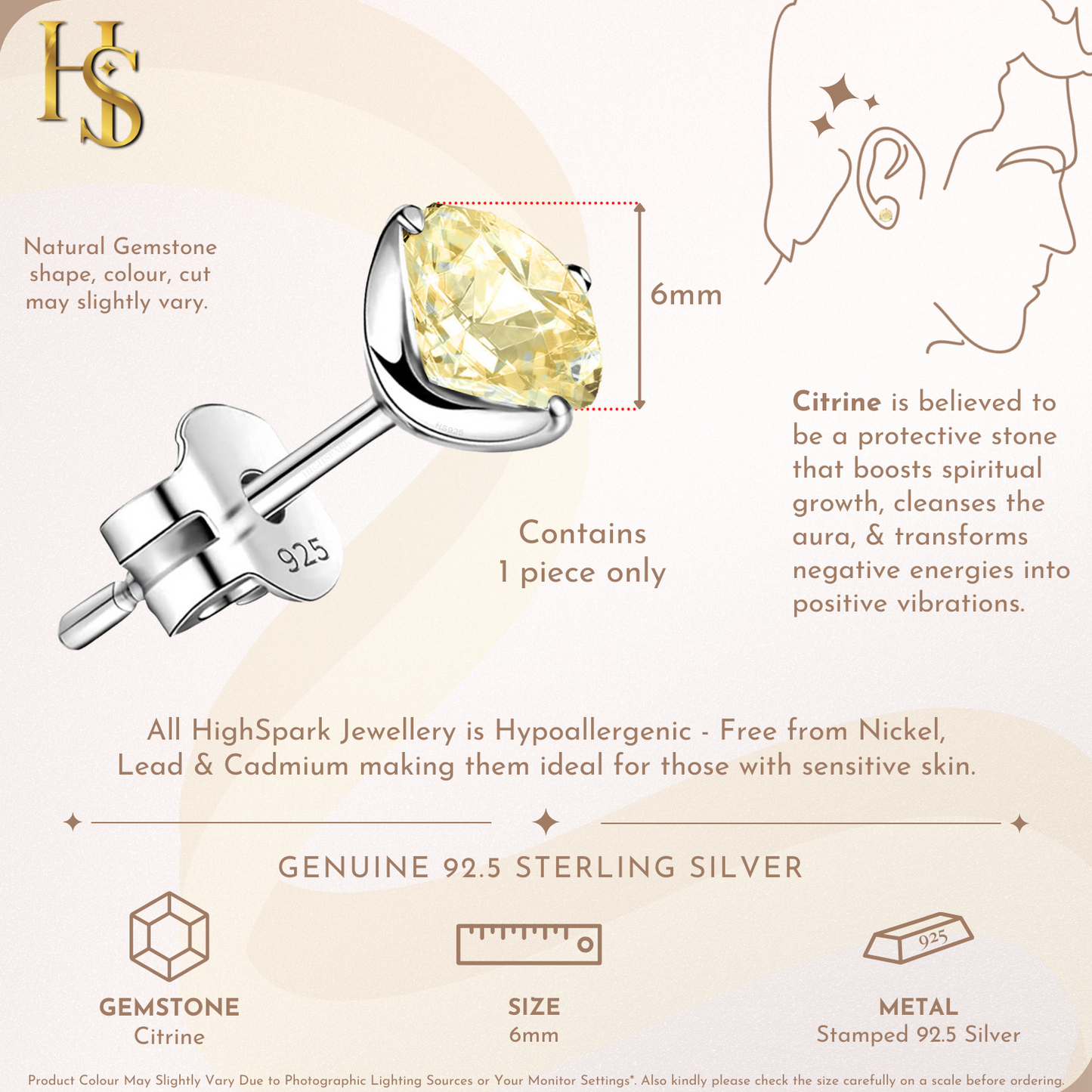 Citrine Gemstone Stud Earrings in 925 sterling Silver For Men HighSpark