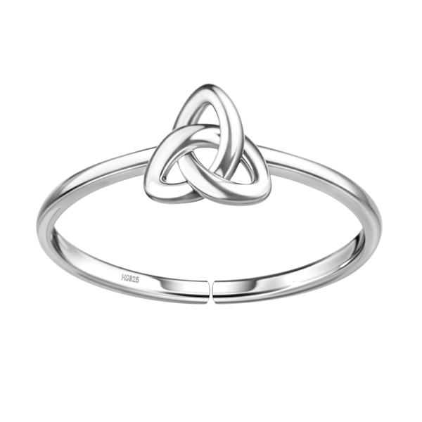 An adjustable sterling silver ring features a Celtic trinity knot motif on a slim, polished band, shown on a white background.