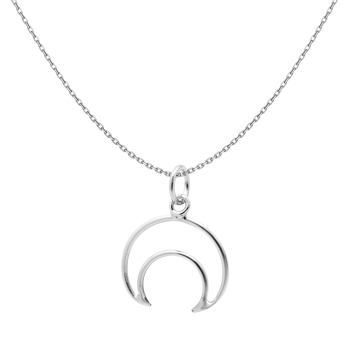 A sterling silver pendant necklace with a double crescent moon motif on a fine link chain, shown on a white background.