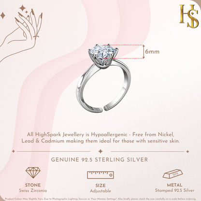 Infographic for an adjustable sterling silver ring showing a 6mm round American diamond in a six-prong setting and feature icons.