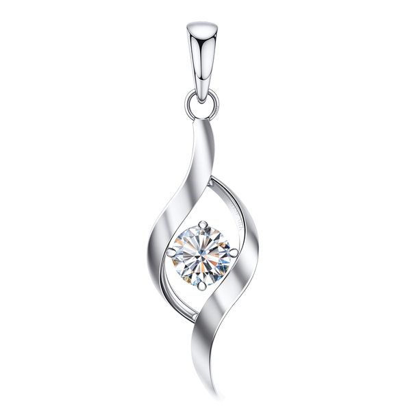 A sterling silver dew drop pendant features a swirling ribbon design holding a round American diamond in a four-prong setting.