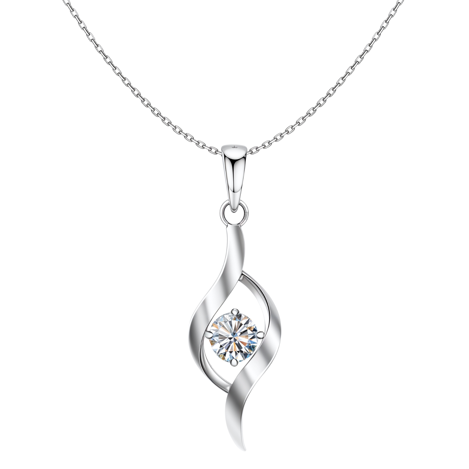 A sterling silver pendant necklace with a twisted dew drop design holding a round American diamond in a four-prong setting on a plain white.