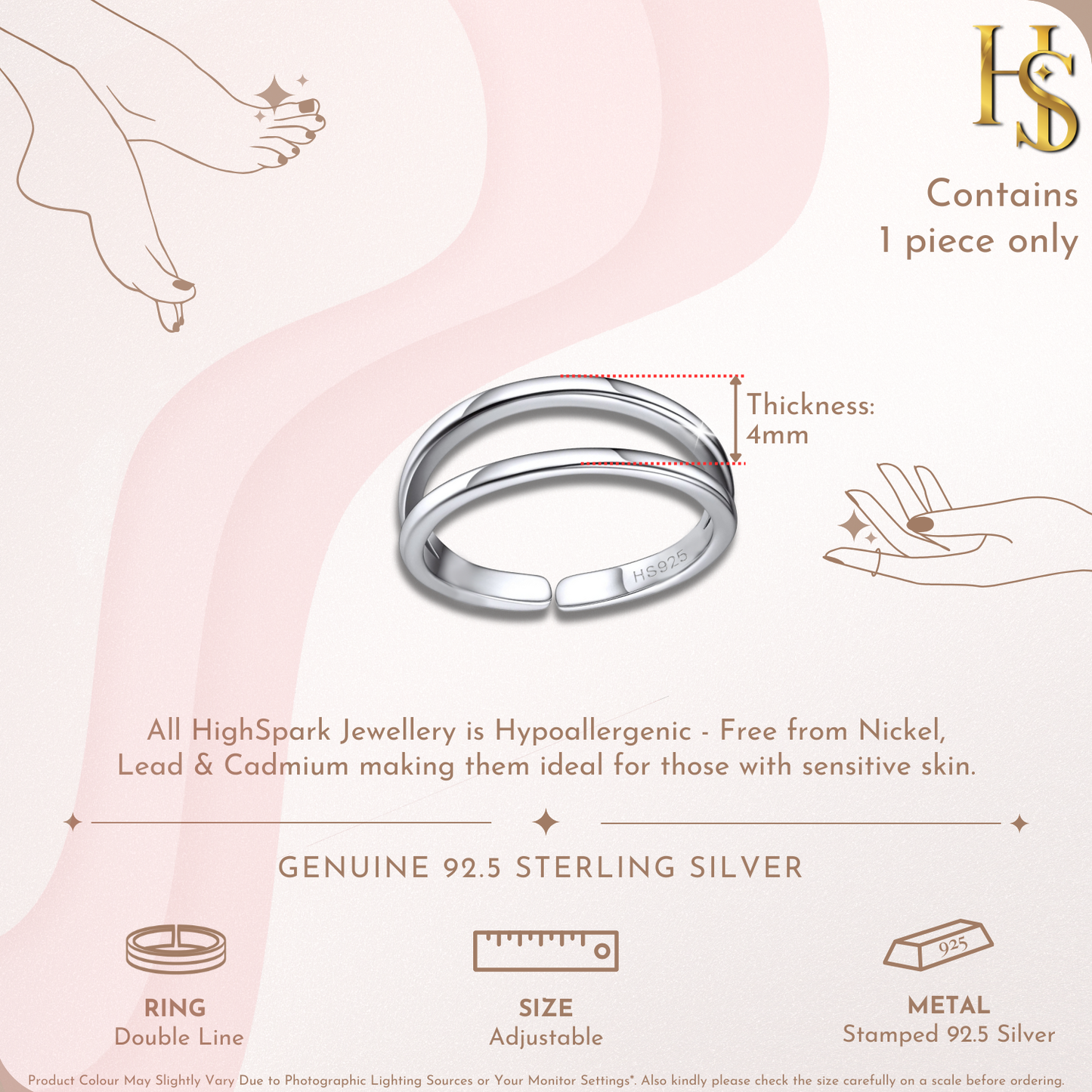 Classic Double Band Toe Ring - Band Ring - 925 Sterling Silver - 1 Piece HighSpark