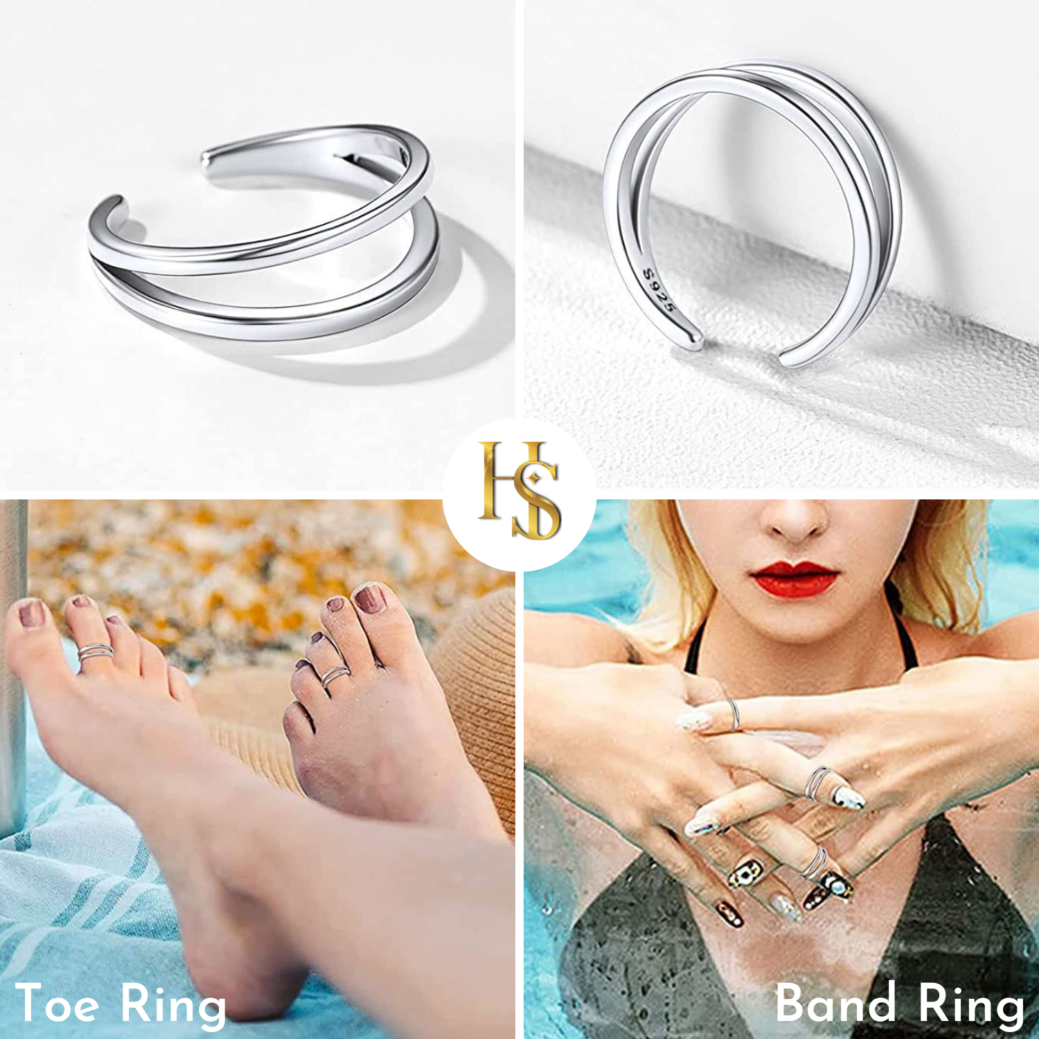 Classic Double Band Toe Rings - Band Rings - 925 Sterling Silver - 2 Pieces HighSpark