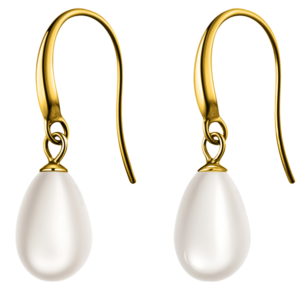 A pair of drop earrings with teardrop-shaped white pearls dangling from gold-plated sterling silver fish hooks on a white background.