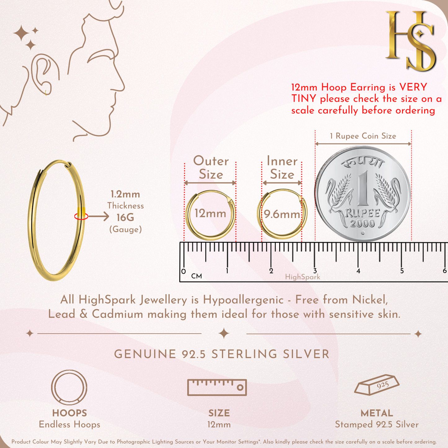 Classic Gold Hoop Earrings in 92.5 Silver 1.2mm Thickness - 12MM - 18K Gold finish HighSpark