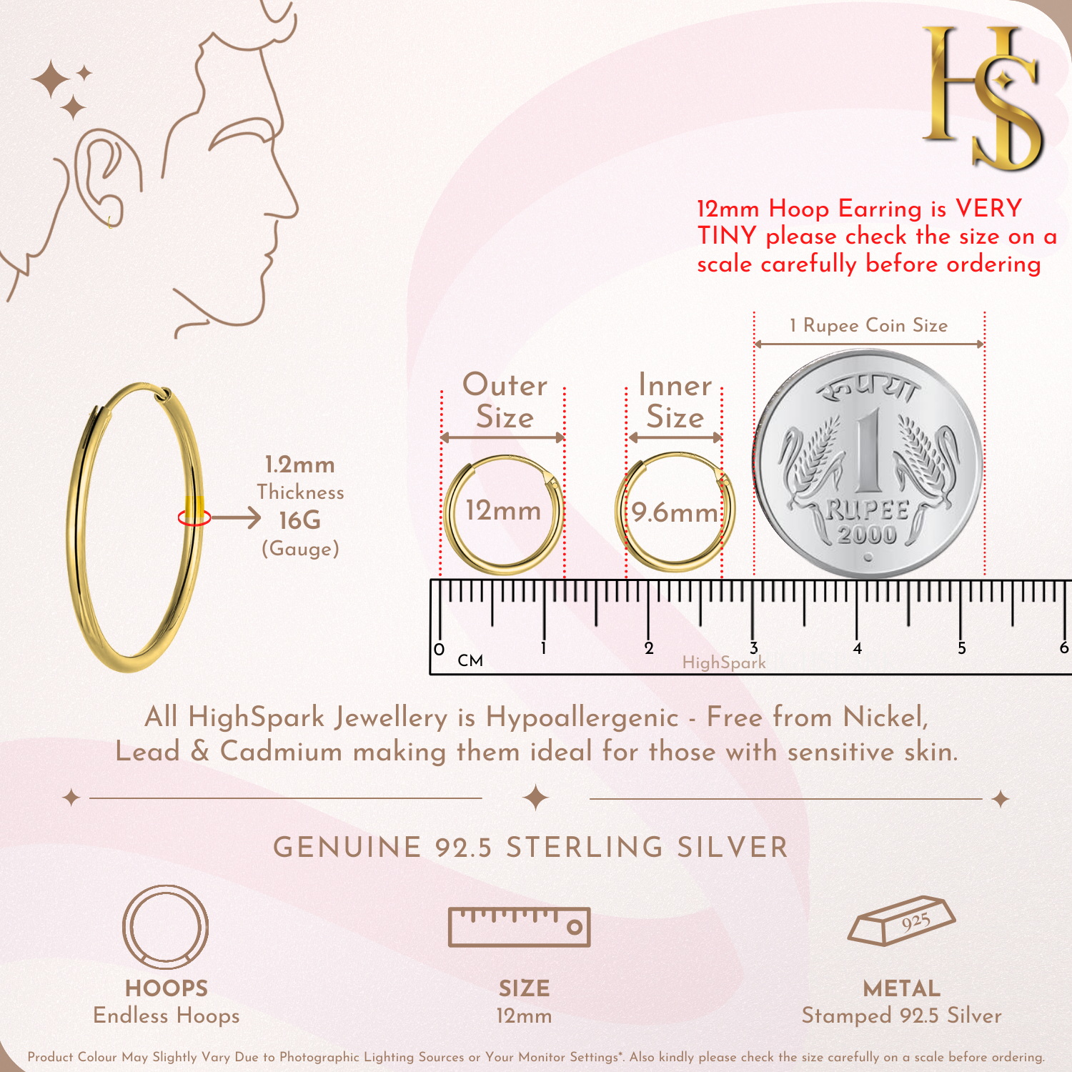 Classic Gold Hoop Earrings in 92.5 Silver 1.2mm Thickness - 12MM - 18K Gold finish HighSpark