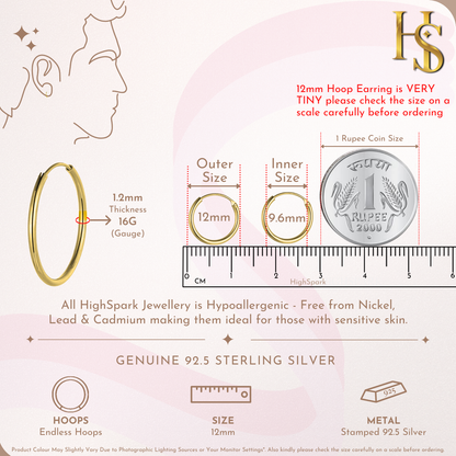 Classic Gold Hoop Earrings in 92.5 Silver 1.2mm Thickness - 12MM - 18K Gold finish HighSpark